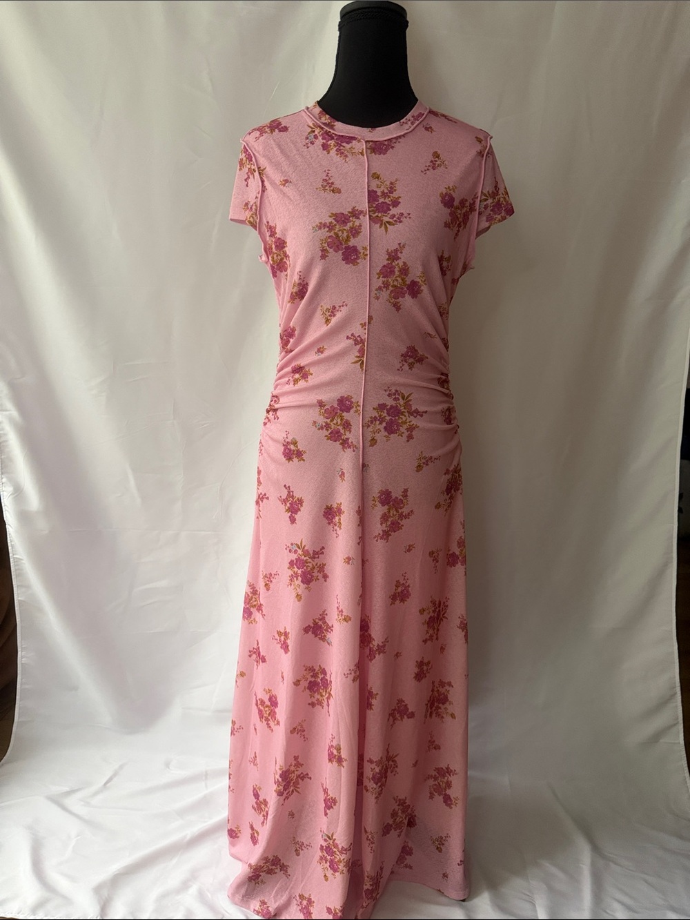EDIT Jason Wu Pink Floral Cap-Sleeve Maxi Dress w/side ruching Sz S NWT